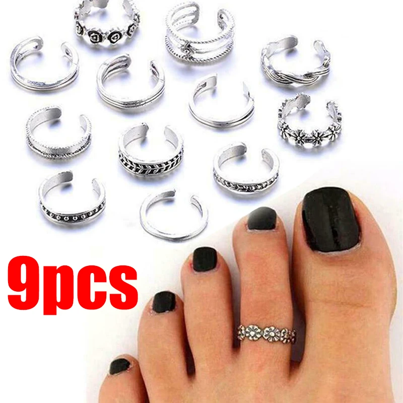 9Pcs Adjustable Toe Rings for Women Hypoallergenic Open Toe Ring Set Women Beach Foot Jewelry Caring Women Foot Ring Jewelry