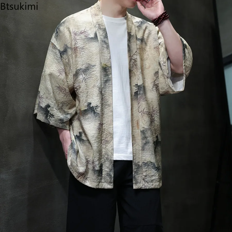 2025 Summer Chinese Style Men's Fashion Ice Silk Cardigan Sunscreen Clothes Harajuku Beach Loose Thin Shirt Coat Plus Size 5XL