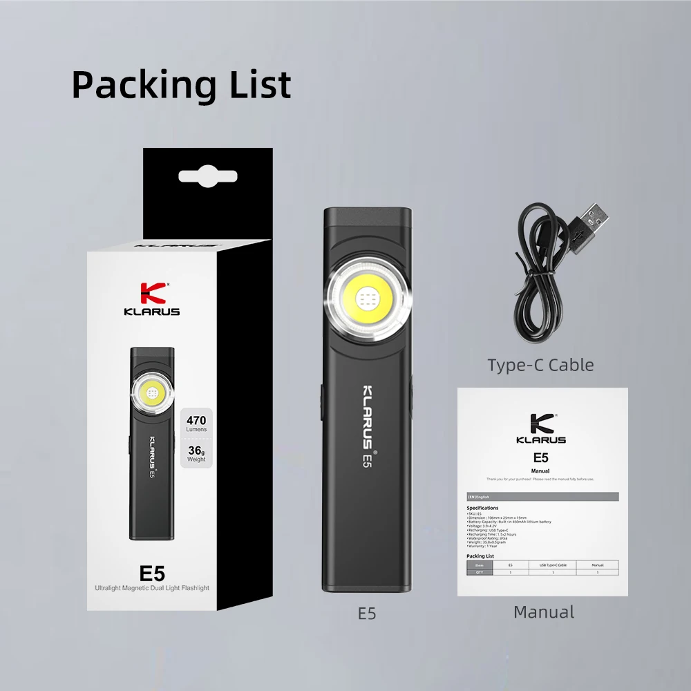 Torcia ricaricabile Klarus E5 EDC con ricarica USB lanterna a LED torcia a batteria agli ioni di litio integrata 470LM IPX4 con coda magnetica