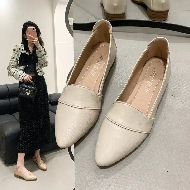 

Bottomed Fashion Single Shoe Women New 2024 Four Season Shoes Pointed Toe Shallow Cut Leather Shoes Women Low Heels Women's Shoe