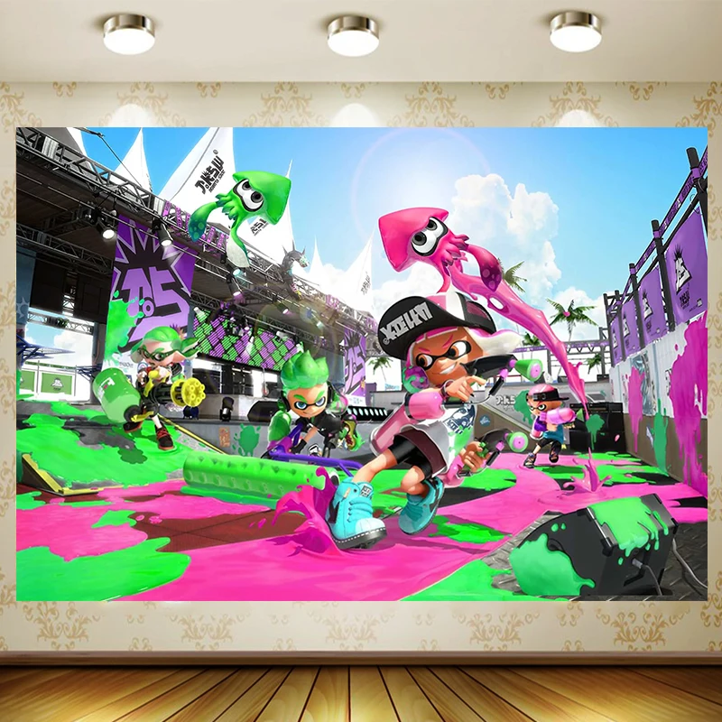 

Splatoon Background Boy Birthday Party Supplies Decoration Customize game Backdrop Baby Shower Banner Kid Faovr Room Decor