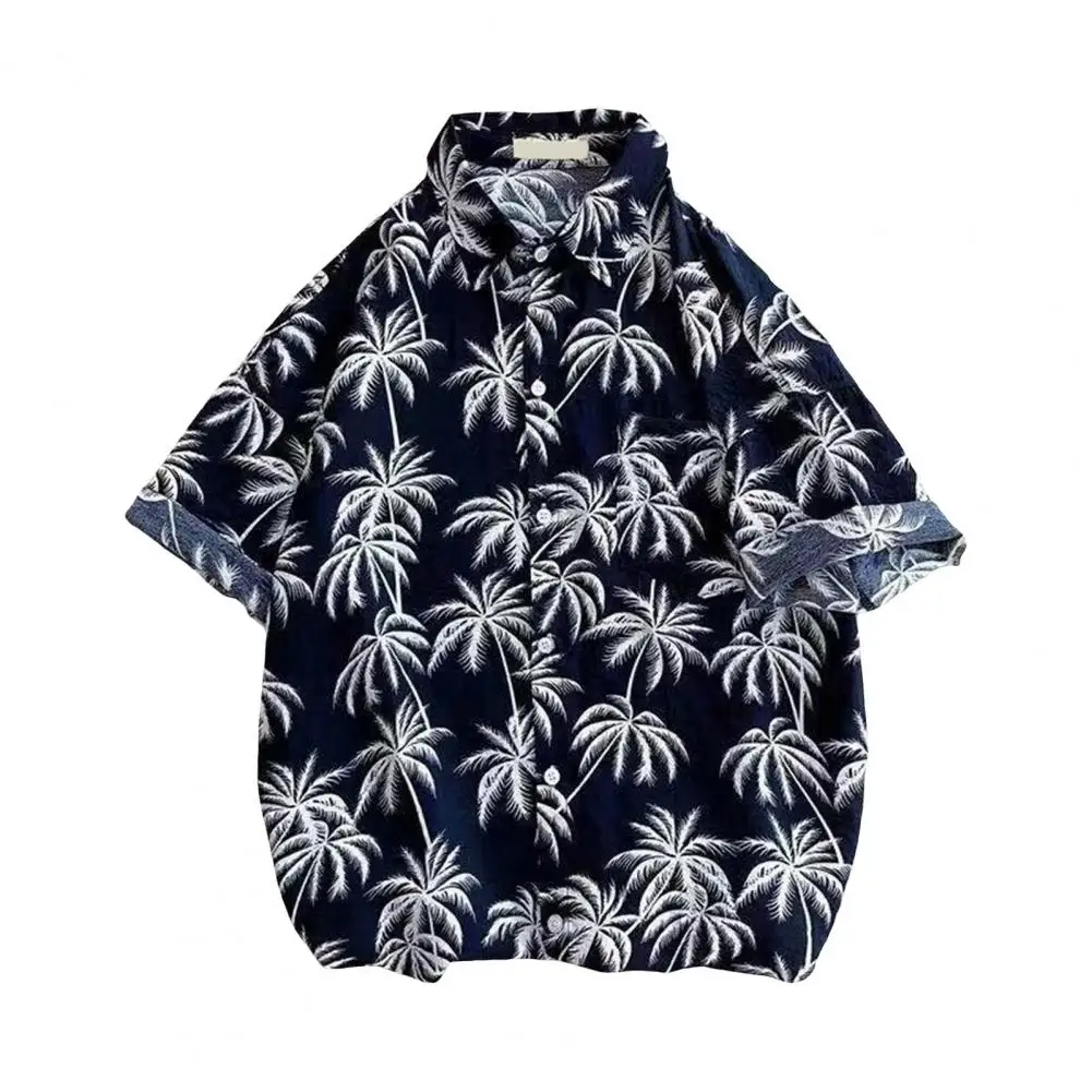 Camisa masculina manga curta, camisa havaiana solta, de peito único, gola virada para baixo, top de praia de férias, verão