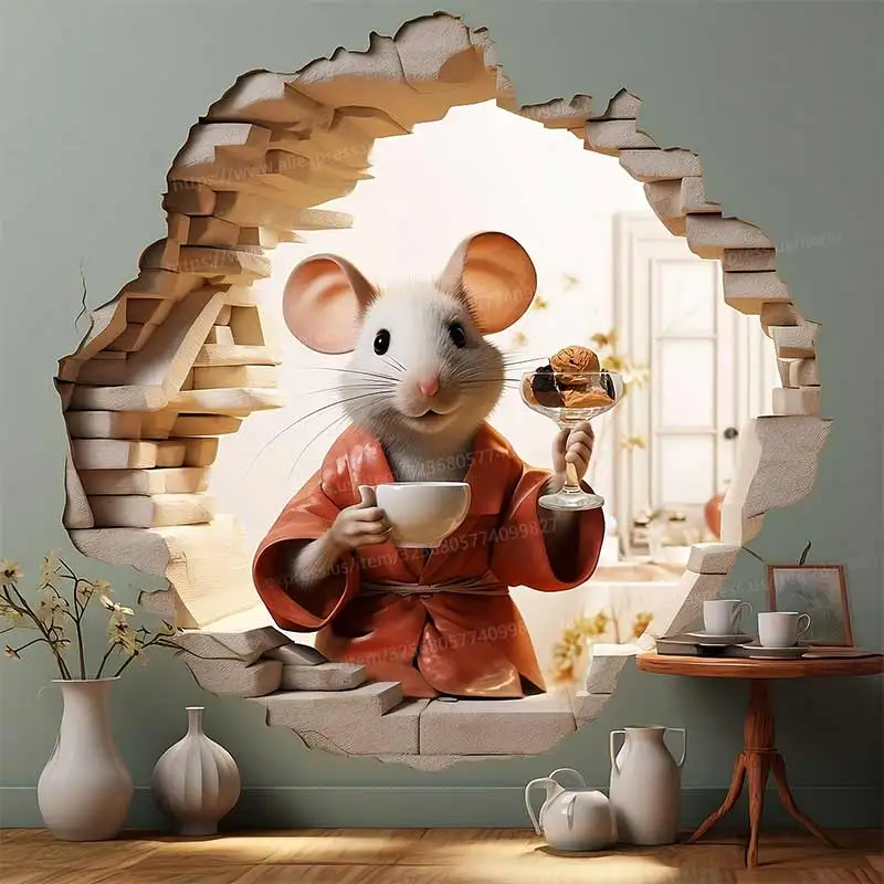 Cute Mouse Hole,An Elegant Mouse Sips Tea in Wall Hole decal,Tea Time Mouse Hole Sticker,Mouse Wears Bathrobe Wall Sticker M1429