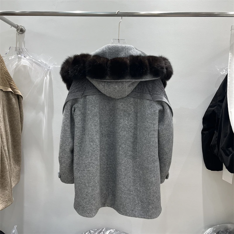 2026 Winter New Style Fur Fox Fur Collar Hooded Down Jacket for Women Mid-Length Knitted Patchwork Loose Fit Thick and Warm Coat