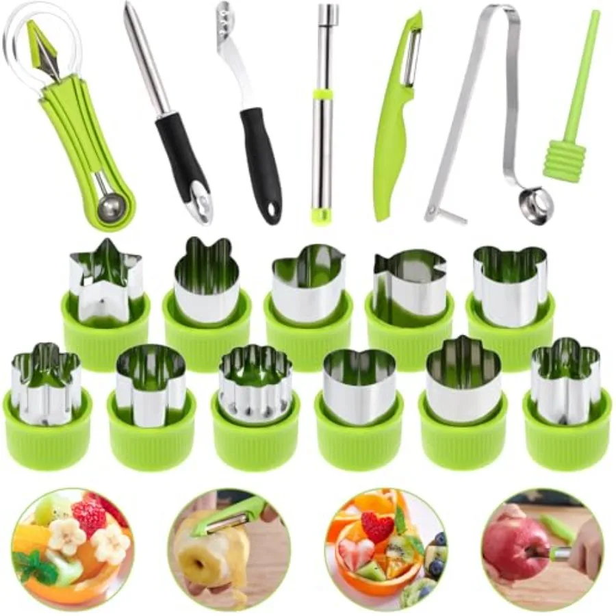 15 Pcs Fruit Vegetable Coring Carving Tool Set Include Stainless Steel Peeler Carving Knife Melon Baller and 9 Shape Cutters fo