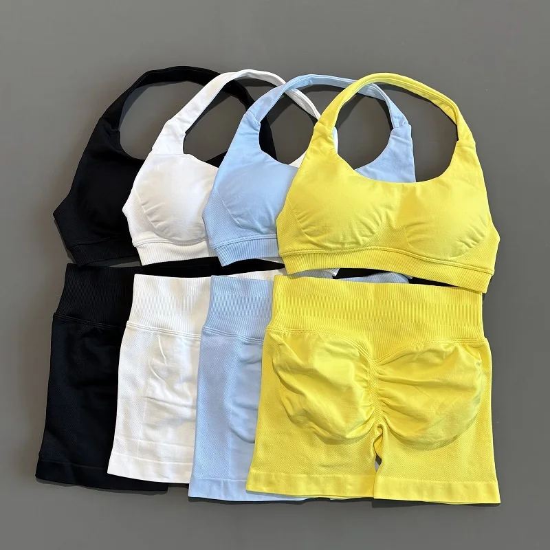 2 Piece Sports Set Women Seamless Yoga Tank High Support Open Back Activewear Scrunch Butt Workout Leggings Suit Sports Gym Set