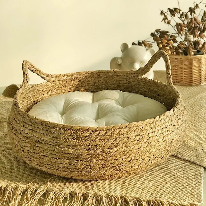 Cat Bed Pet Nest Pure Manual Rattan Woven Cattailgrass Cat Scratch Board Removable Washable Winter Warm Pad All-Season