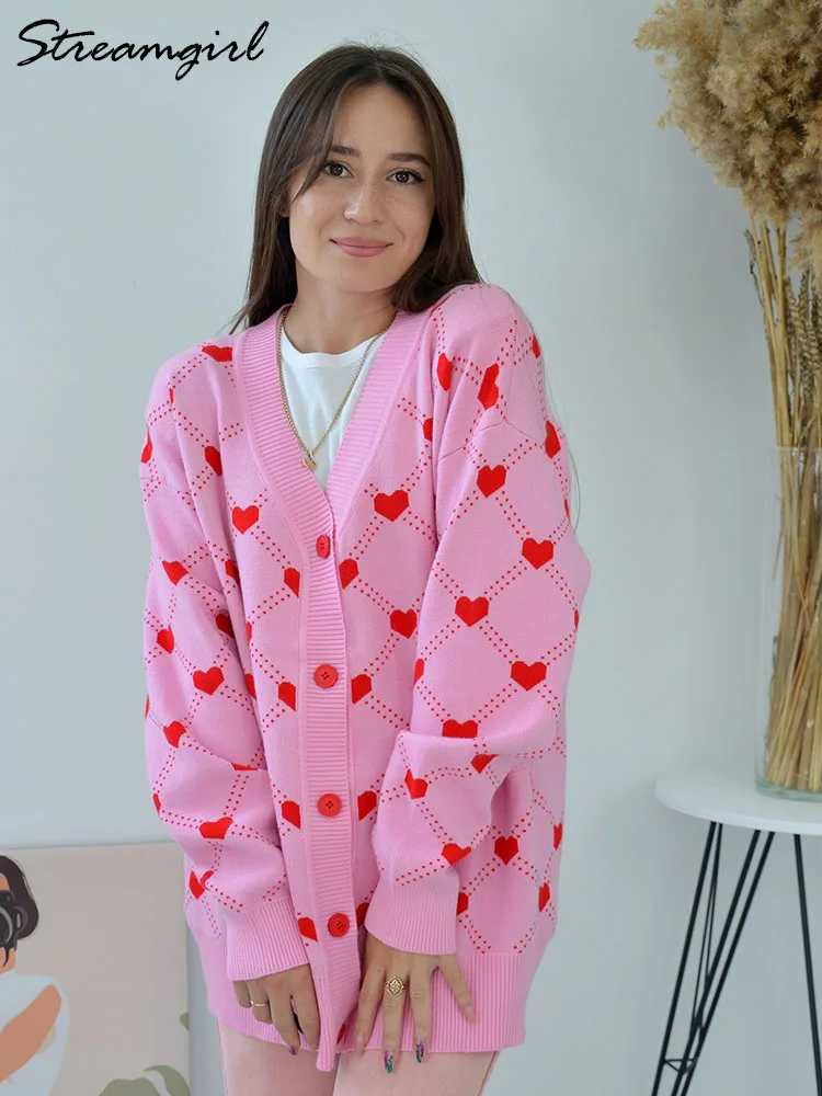 Streamgirl Autumn Oversized Cardigan For Women Winter Women\'s Sweater Pink Heart Cardigan Women Long Oversize Knit Coats 2023