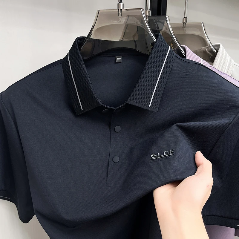 High end brand letter embossed short sleeve polo shirt ice silk breathable summer new men's T-shirt fashion comfort casual top