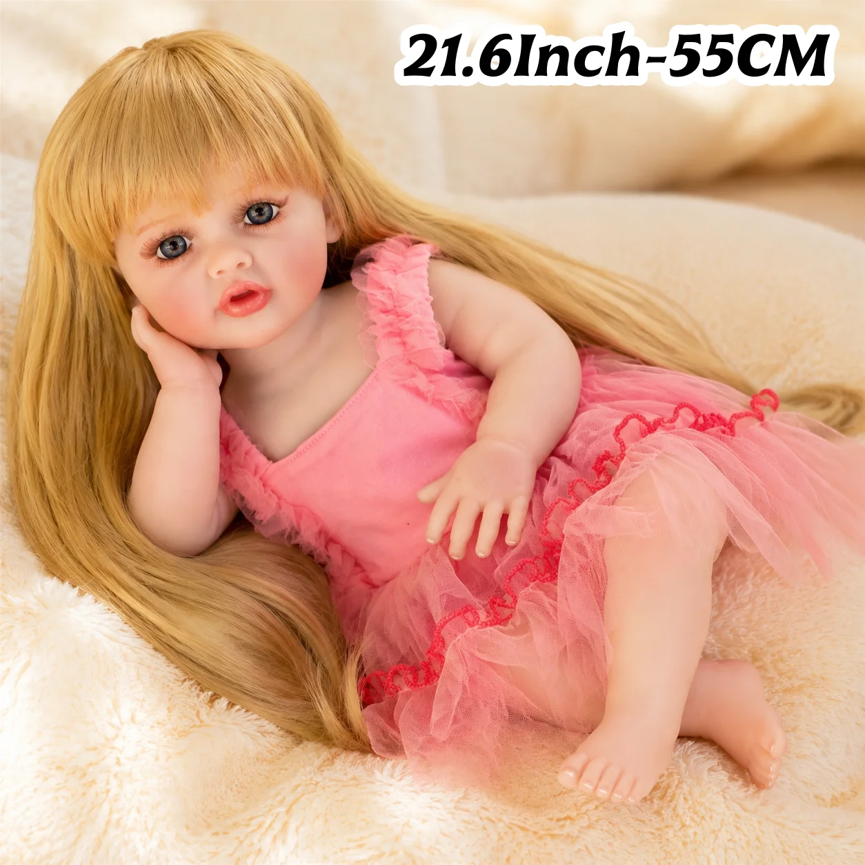 55CM Open Eyes Betty Vinyl Girl Doll With Long Hair And Fluffy Dress Painted Skin Handmade Waterproof reborn dolls For Families