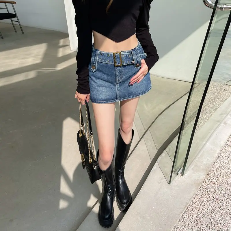

High Waist Short Denim Skirt Anti-Light Walking Skirt High Quality Belted Vintage Washed Women's Fitted High Waist Shorts