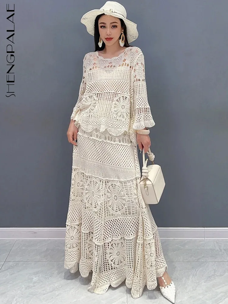 SHENGPALAE New Lace Set With Hollow Top Swing Long Skirt 2 Piece Set Fashionable Elegant Lady 2024 Spring Summer Clothes 5R9560