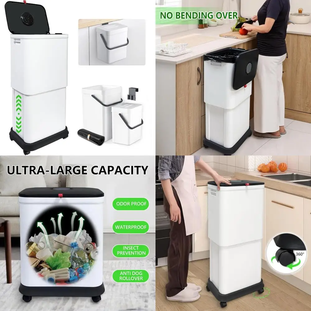 

Adjustable Capacity Kitchen Trash Can Set, 20L-45L, 3 Pack with Lid and Two Hanging Cans for Waste Management