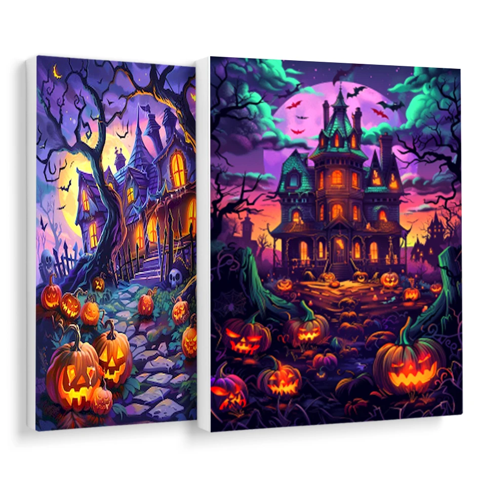 

RUOPOTY Painting By Numbers On Canvas Halloween Pumpkin Castle Picture Paint Drawing On Canvas Framed Wall Art Modern Handiwork