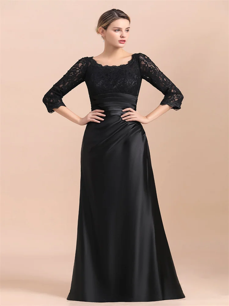 Elegant Jewelry 3/4 Sleeve Black Satin Lace Ruffle Mother of the Bride Gown on Sale Luxury Wedding Guest Evening Gown 2024