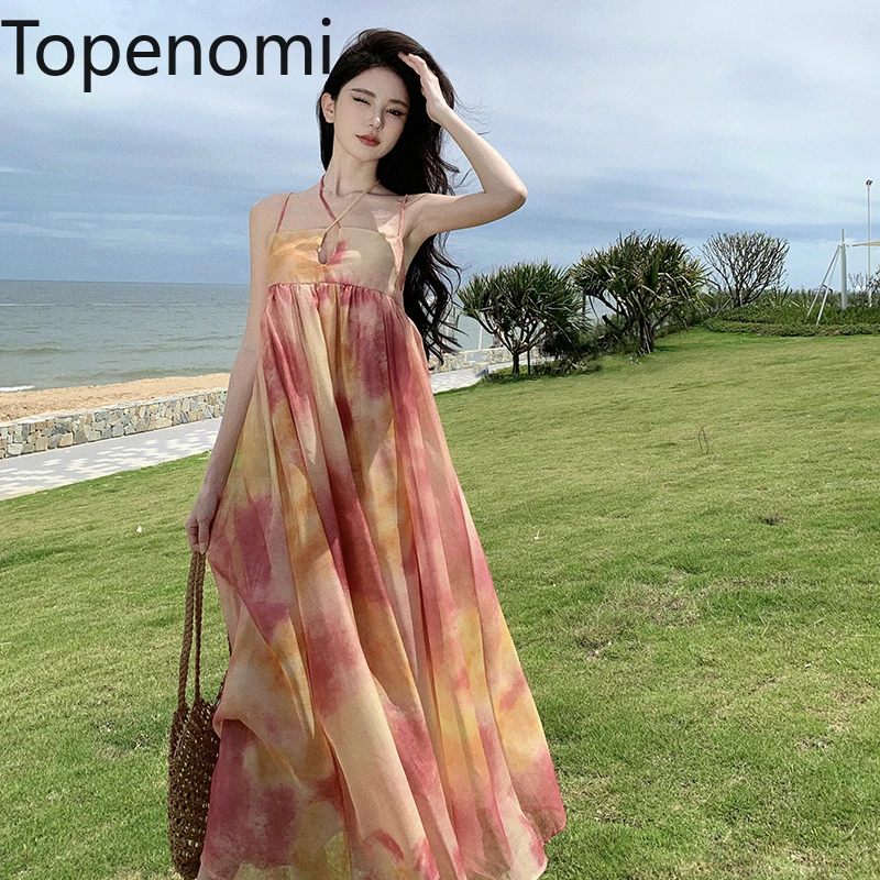 Topenomi French Fairy Tie Dye Halter Evening Dress Women Sexy Backless Waist A-line Loose Long Wedding Prom Dresses Summer Gown