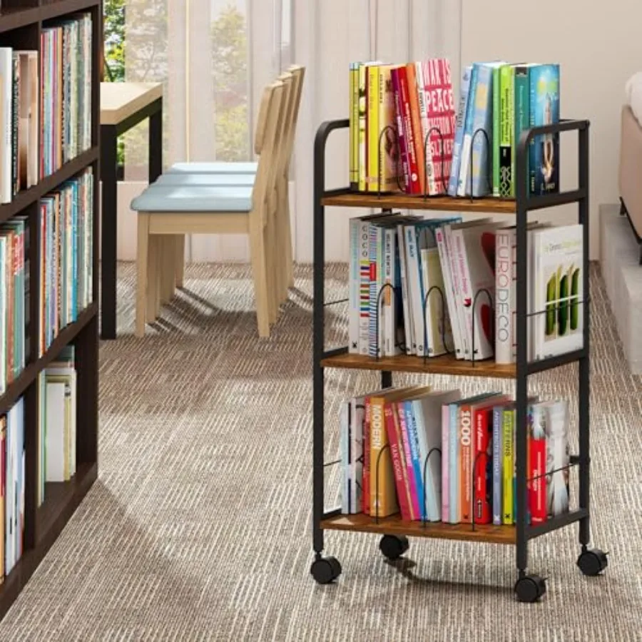 Rolling Book Cart with Removable Dividers, 3-Tier File Cart with Wheels, Utility Storage Rack for Office, Home, Classroom, Art