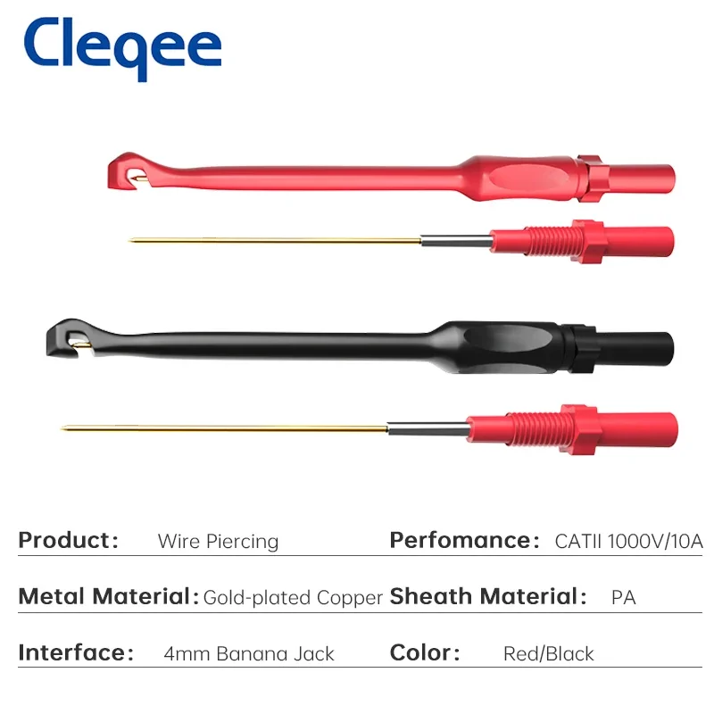 Cleqee 2PCS P30036 Automotive Puncture Probe Wire Piercing Clip Test Hook Gold Copper Needle with 4mm Banana Socket 1000V/32A