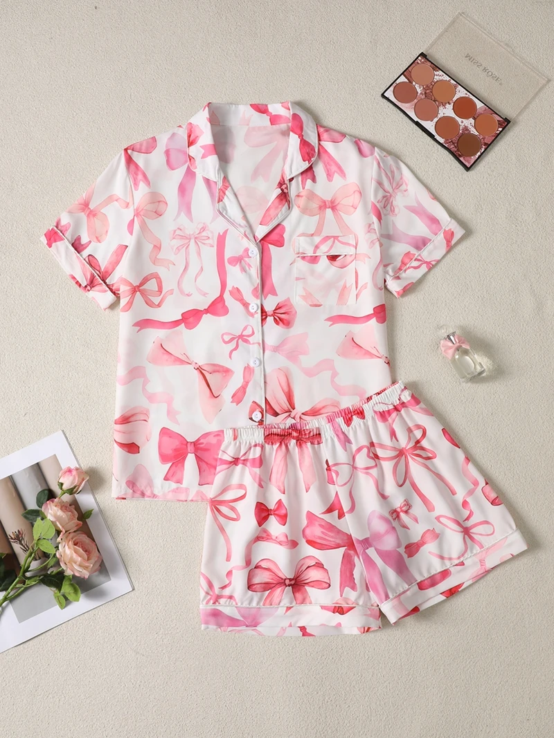 طقم بيجامة كاجوال للسيدات بطبعة زهور وأكمام قصيرة وسروال قصير مرن مريح لملابس النوم الصيفية وملابس النوم #3
