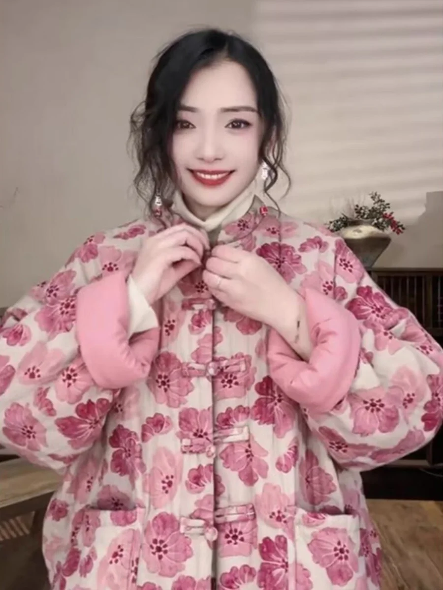 

Thiened Cotton Jaet with Button Design And Cotton Liner Retro Print Cotton Linen Women's Spring Outerwear Casual Sle