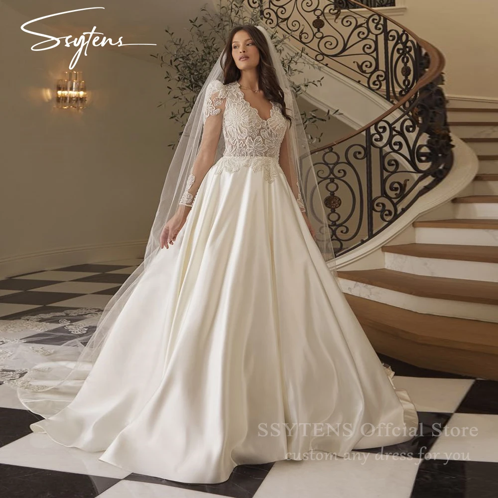 SSYTENS Vintage Wedding Dresses Sheer Long Sleeve Bridal Gown Applique Lace Backless Boho Bride Gown Customized Vestido De Novia