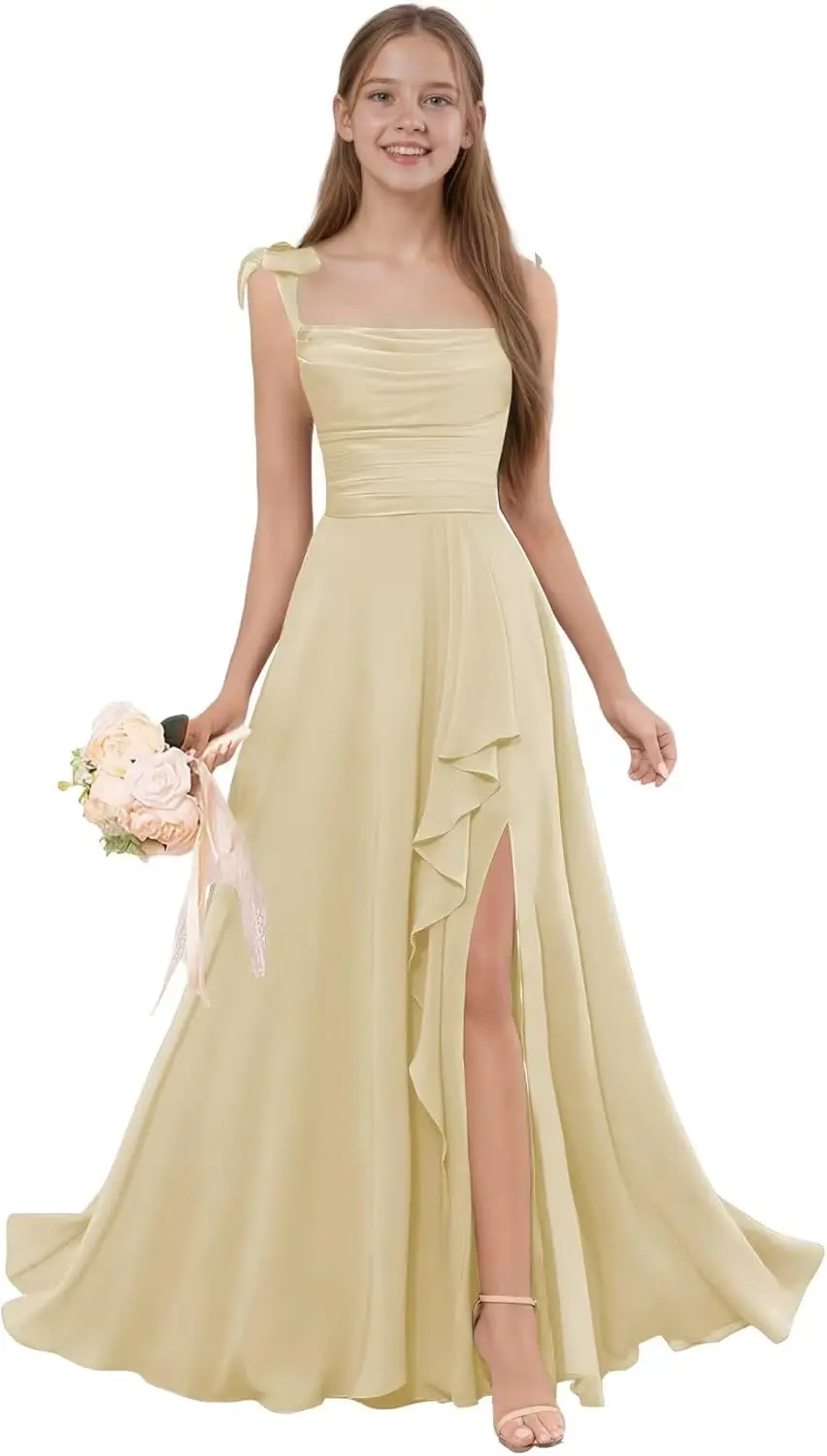 Robe de demoiselle d'honneur trapèze pour filles, bretelles Spaghetti, en mousseline de soie, à volants, robe formelle à fleurs pour mariage