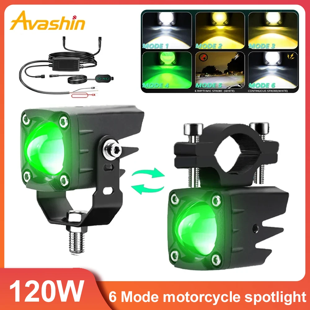 120W LED Motorcycle Headlight 18000LM Tricolor Spotlight 6000K/3000K Motorcycle Trucks SUV UTV Universal Fog Light With Switch