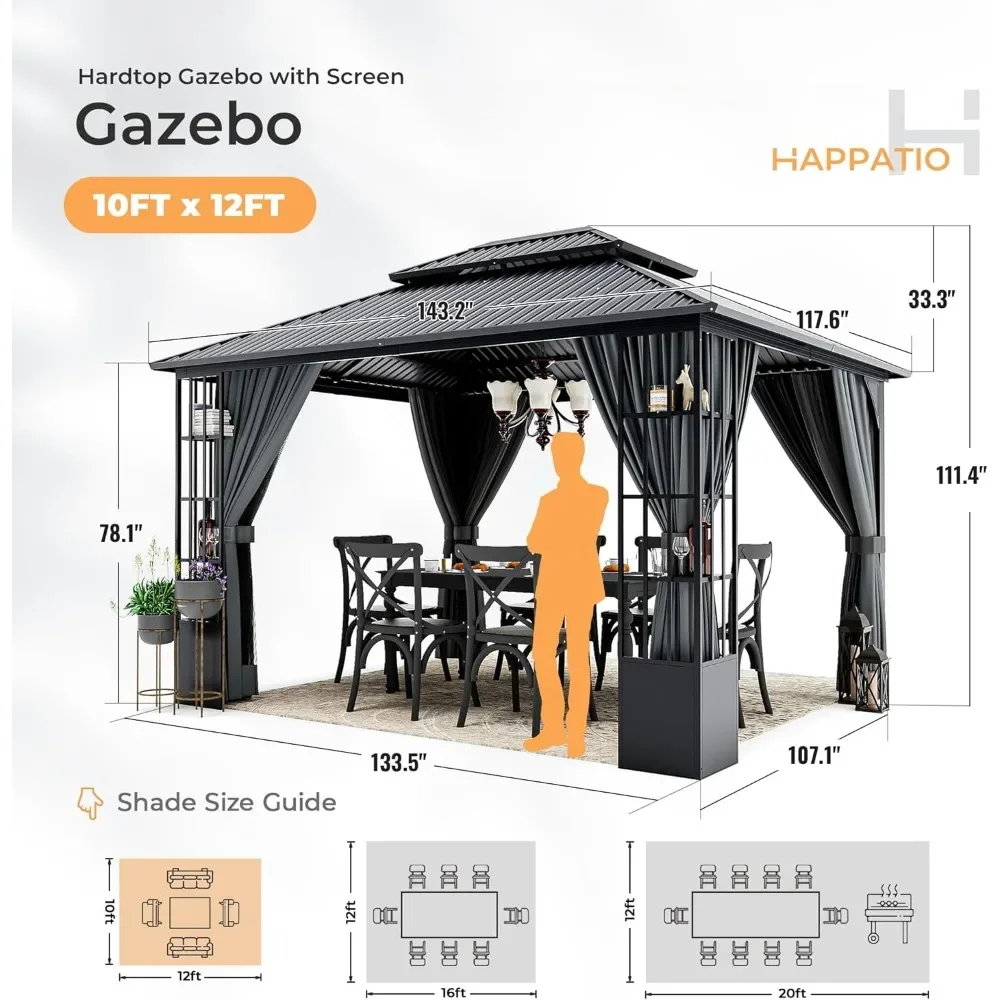 10x12 Hardtop Gazebo, Outdoor Metal Gazebos with Netting and Curtains, Double Galvanized Steel Roof, Patio Hard Top Gazebo