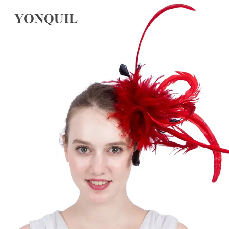 

Vintage Red Black Fascinators Feather Flower Derby Races Church Kentucky Hats Gril Charming Wedding Hair Accessories Brooch Clip