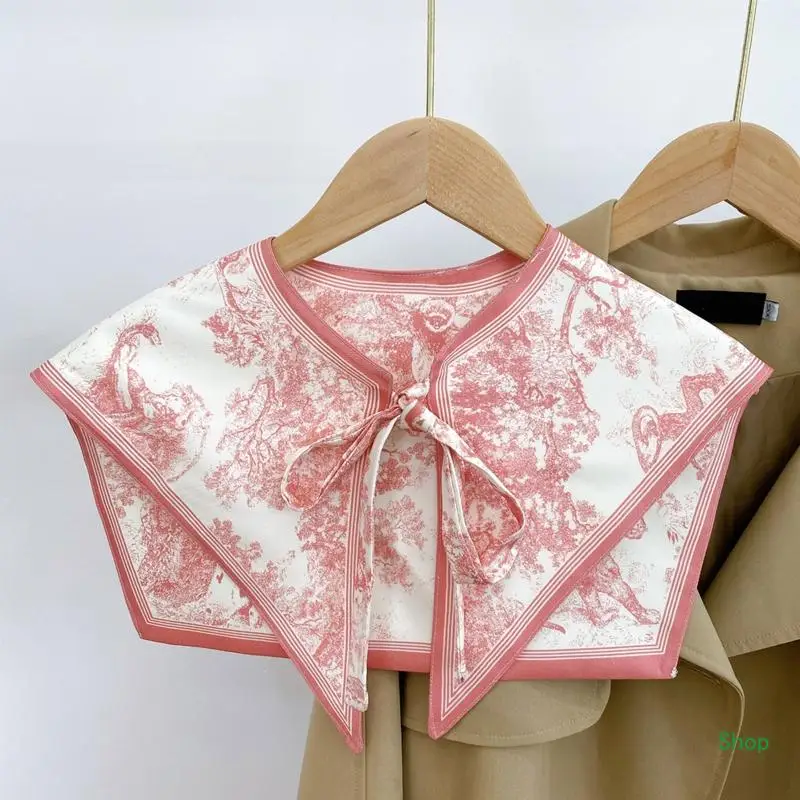 Dropship ผู้หญิง Elegant Silky ผ้าพันคอที่ถอดออกได้ Vintage Lion Forest สีสันลายผ้าคลุมไหล่ Bowknot Lapel Neckwear Cape