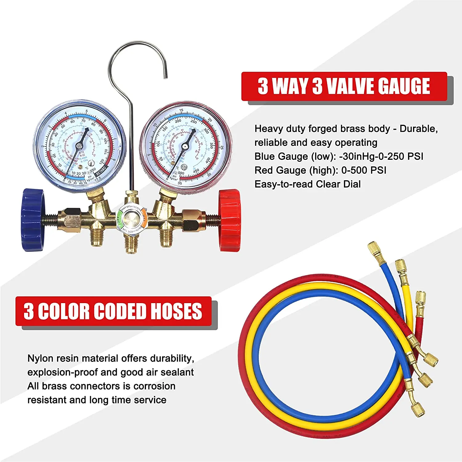 Air Conditioning Pressure Gauge  with Hose and Hook 3 Way AC Diagnostic Manifold Gauge Set for Freon For R12 R22 R404A  R134a