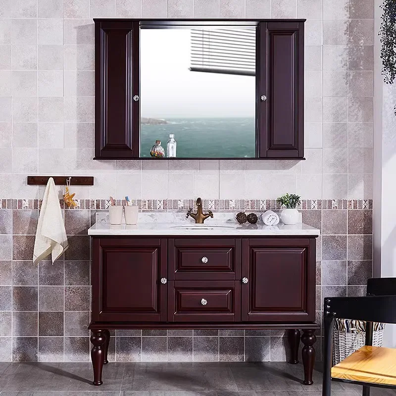 

Oak Solid Wood Bathroom Cabinet American Wash Table Floor Type Mirror Bathroom Cabinet Light Luxury Mobile Da Bagno Furniture
