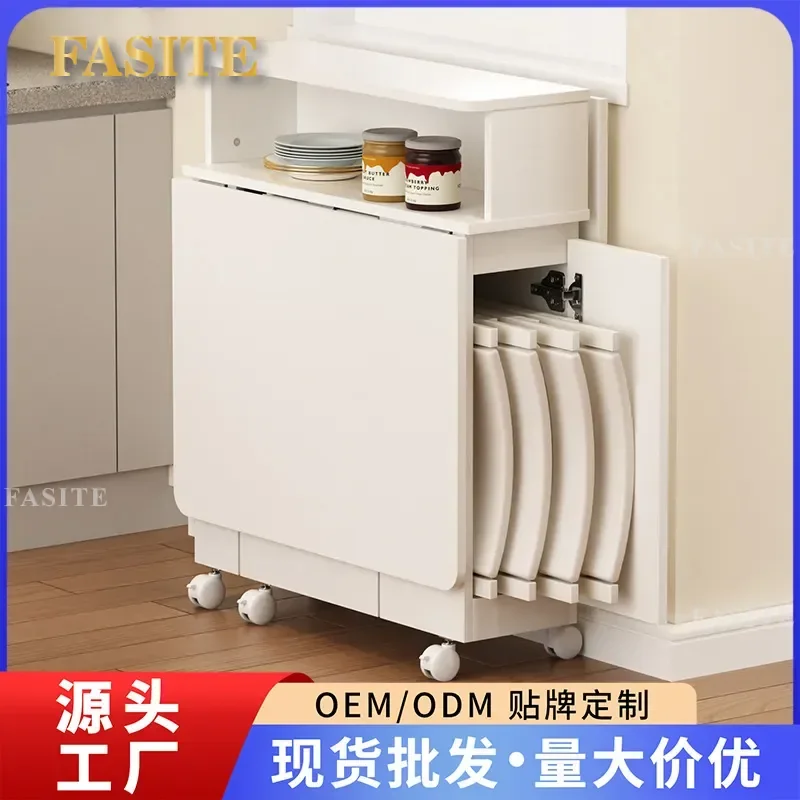 For Small Apartment Kitchen Cream Style Foldable Retractable Narrow Island Dining Table with Cabinet Space Saving Modern