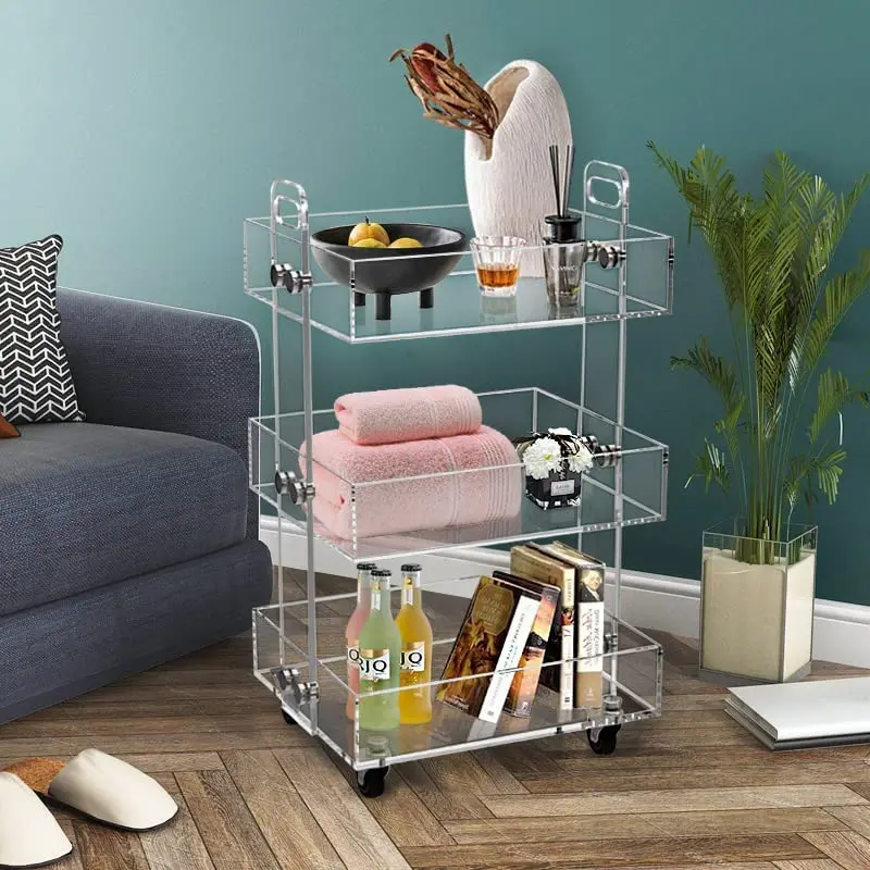 

Modern Lucite Furniture Transparent 3-Tier Acrylic Utility Rolling Cart, Multi Function Storage Cart On Wheels Packed In Flat