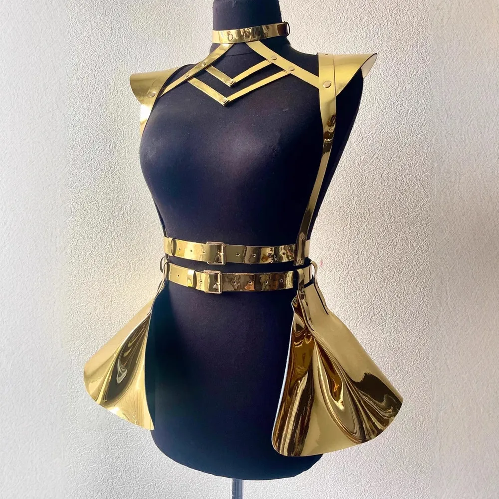 

PU Leather Iridescent Body Harness Skirt Set with Gold/Silver Tops Festival Rave Outfit Women Halloween Party Costume Clubwear