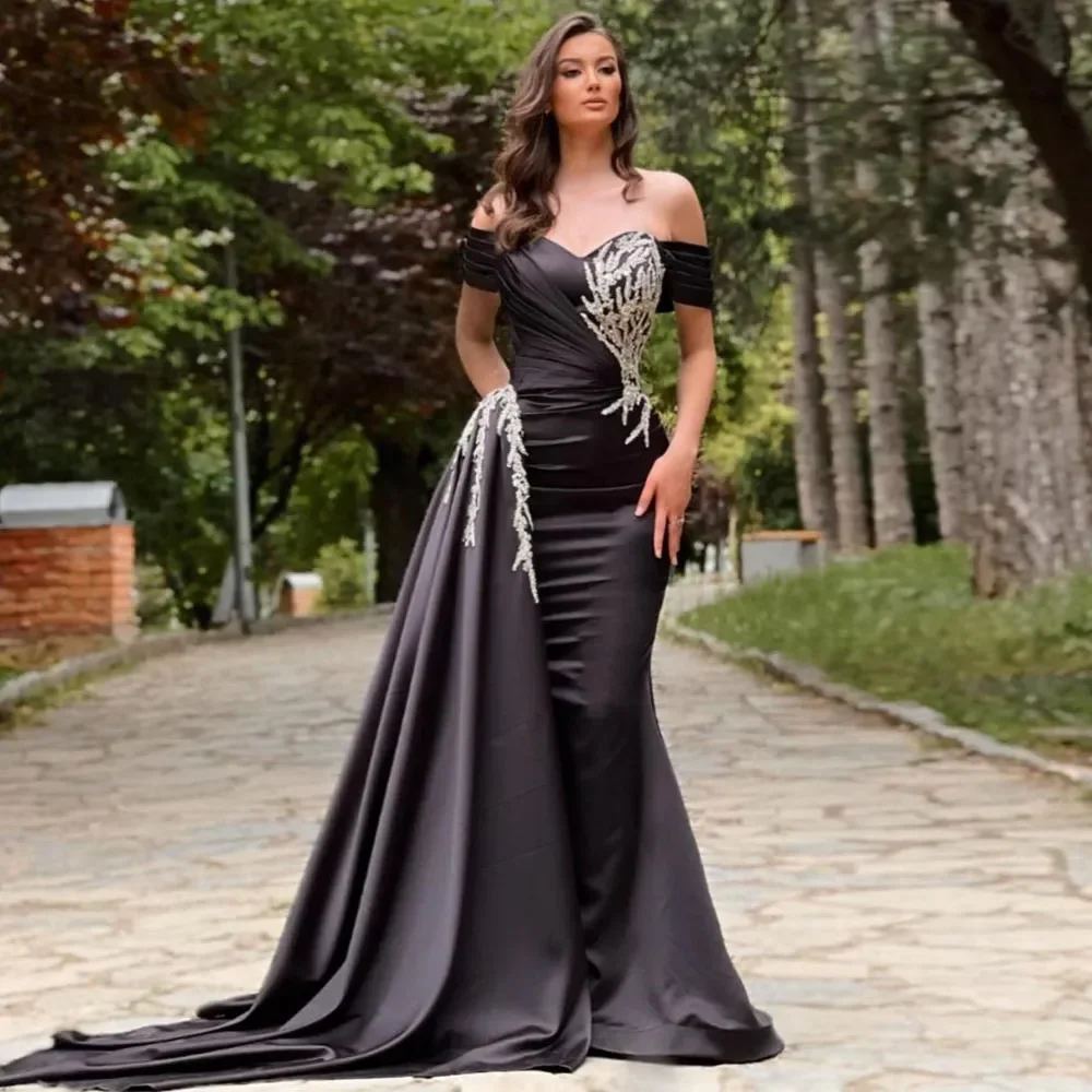 Black Appliqued Mermaid Hip wrap Evening Dresses Pleated With Detachable Train Sexy sweetheart collar Satin Formal Prom party