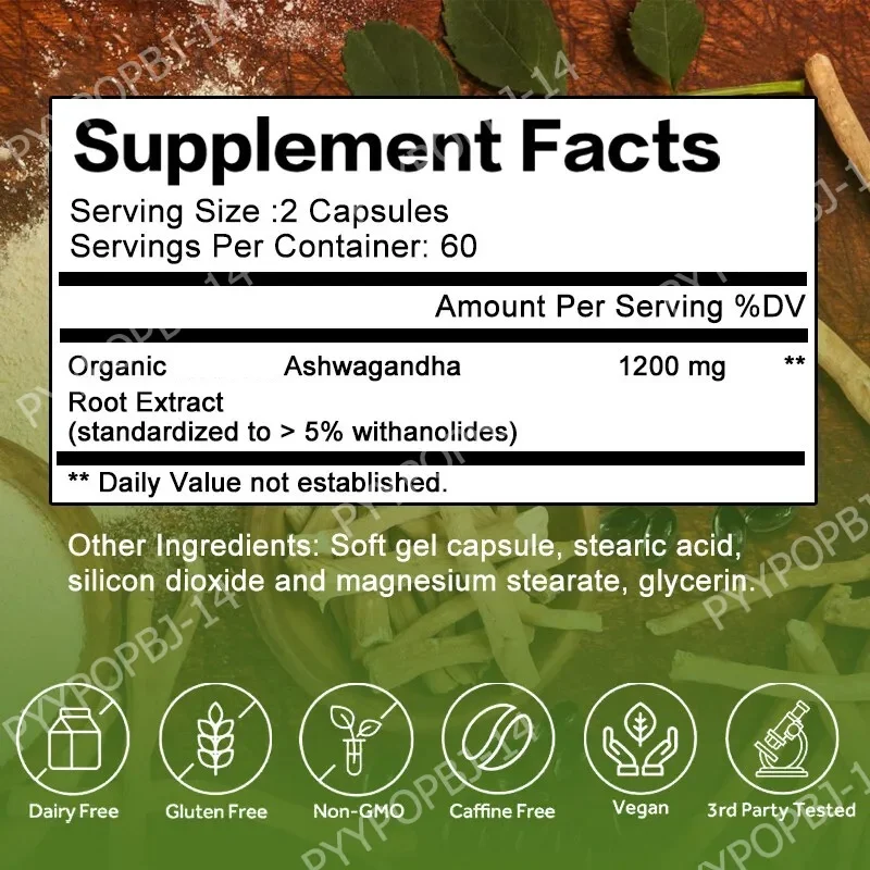 Ashwagandha 1200mg Capsules for Support Cognitive Health 120 Capsules 60 Servings Vegan Non-GMO Gluten Free Caffeine Free