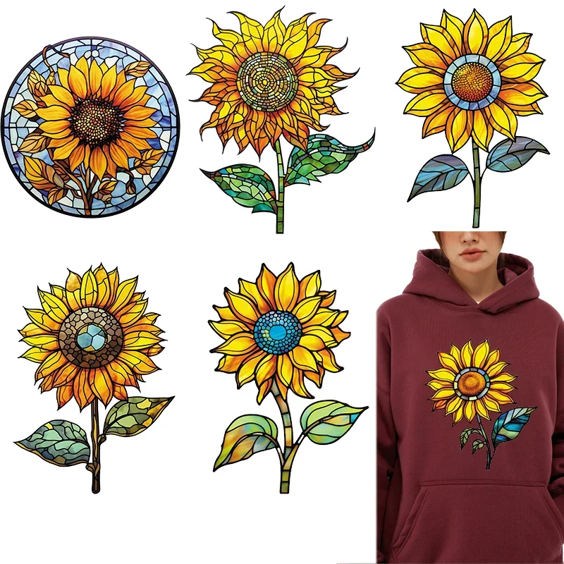 

Iron on Patches Painted glass sunflowers DIY Heat Transfer Clothes T-shirt Thermal transfer stickers Decoration Printing