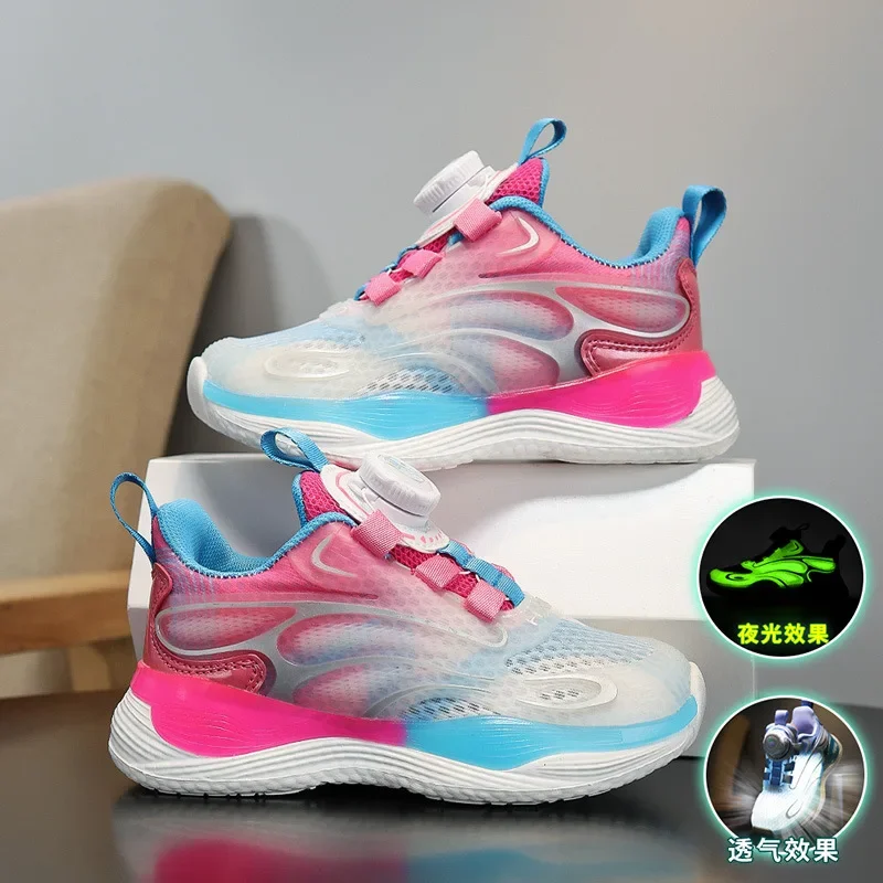 2024 New Girls' Basketball Shoes with Mesh Breathable and Lightweight Shock Absorbing Children's Wave Shoes, Rotating Buckle