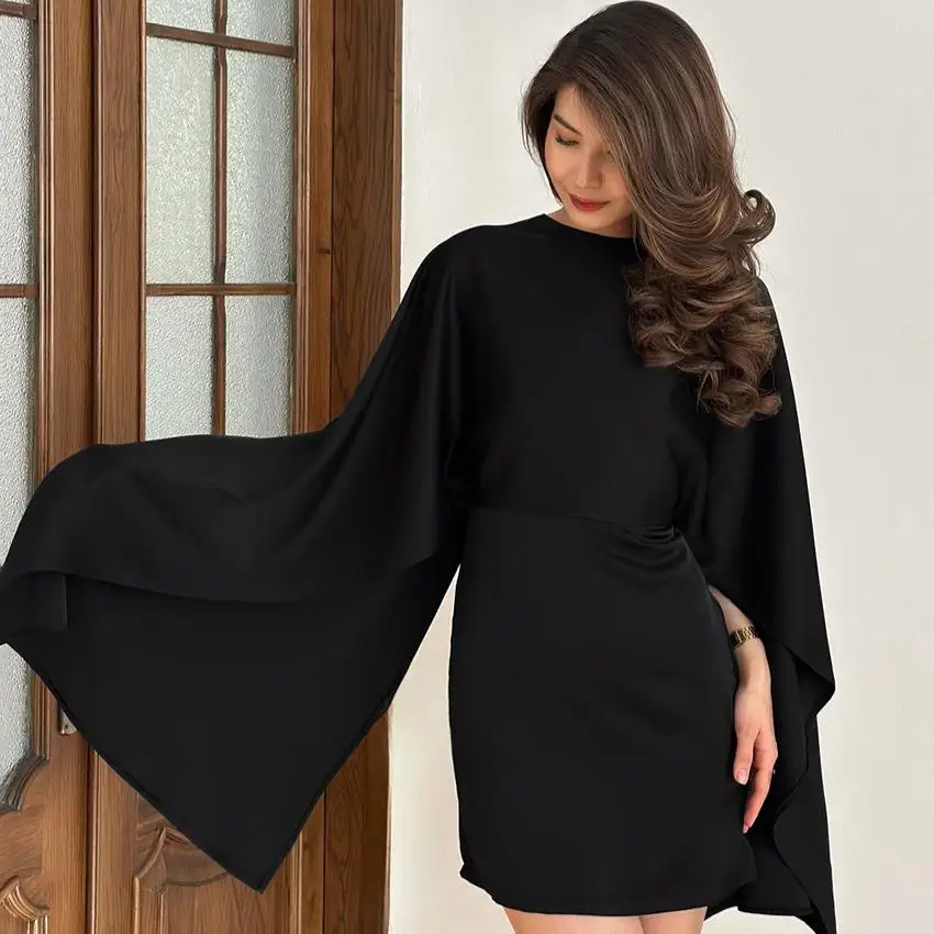 

Spring Summer 2026 High Collar Cape Belted Asymmetrical Long Sleeve Waist Cinched Color Block Dress Women's Fashion Commute S...