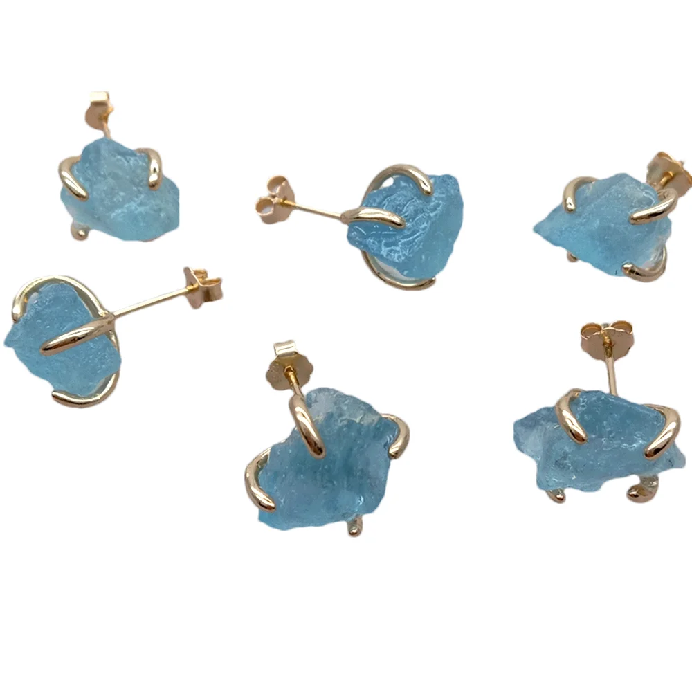 5 Pairs 9x12mm  Natural Blue Aquamarine Rough 925 Silver Stud Earrings Blue Gemstone Earrings For Gif