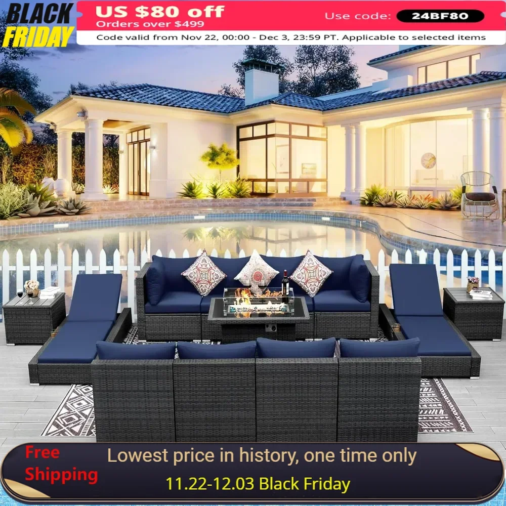 

Wicker Patio Furniture Set Sectional High Back Large Size Sofa Sets with Propane Fire Pit Table 55000 BTU Balcony Rattan Lounge