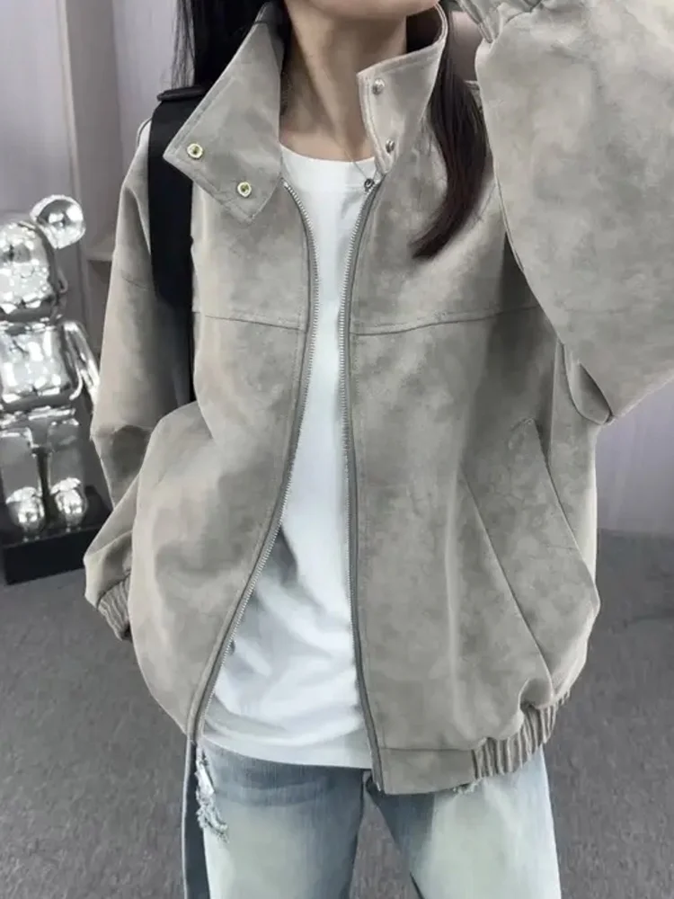 

American Retro Stand Collar PU Leather Jaet Men's Loose Fit Sli Couple's Biker Coat Windproof Long Sve Zipper Closure