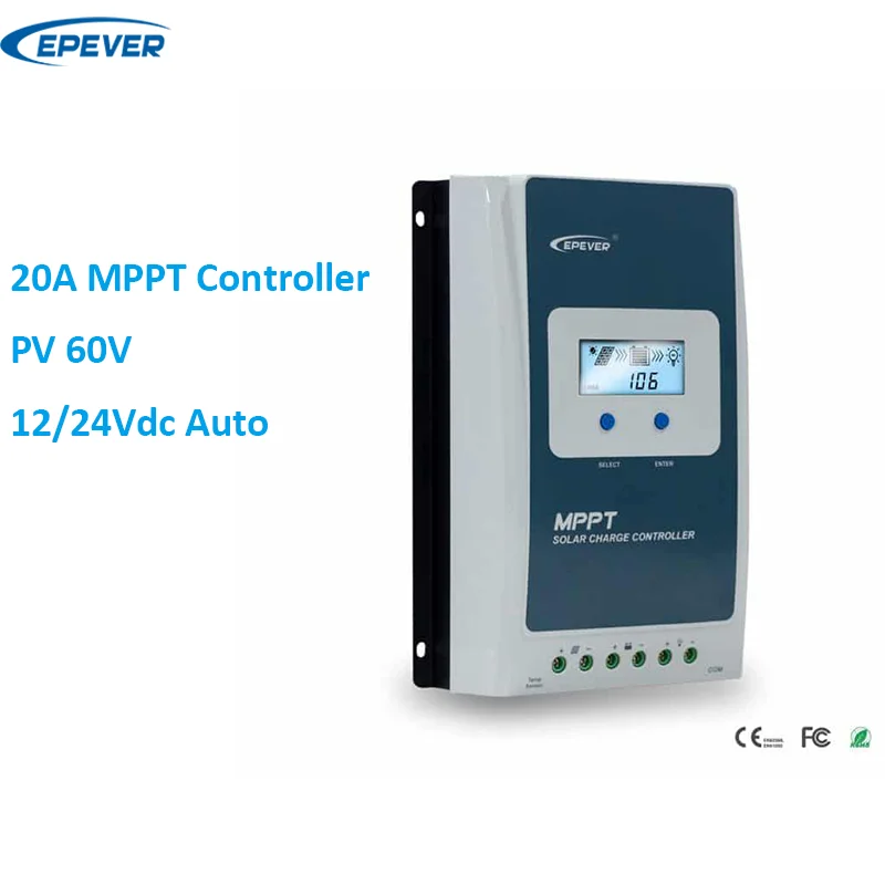 

Epever MPPT Solar Charge Controller Tracer2206AN 12V24V 20A 60V With CE ROHS Support Lithium Batteries For Household Solar