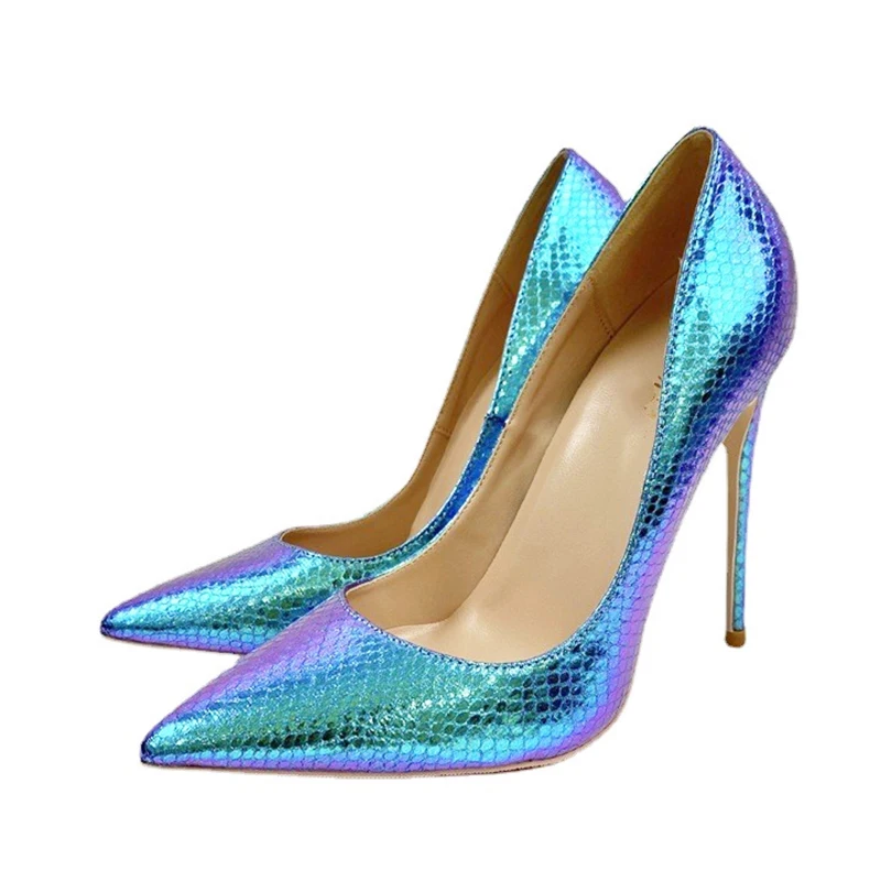 Evening Party Elegant Single Shoes 12CM Fashion Pointed Holographic High Heels Bling Snakeskin Unique Wedding Dress Pumps Women