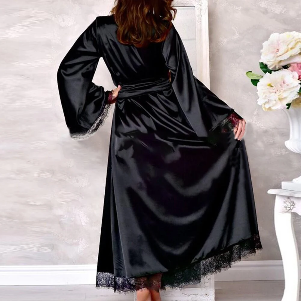 Sexy Women\'s Silk Satin Long Bathrobe Romance Lace Edge Kimono Robe Nightdress Female Nightgown Nightwear Sleepwear Home Clothes