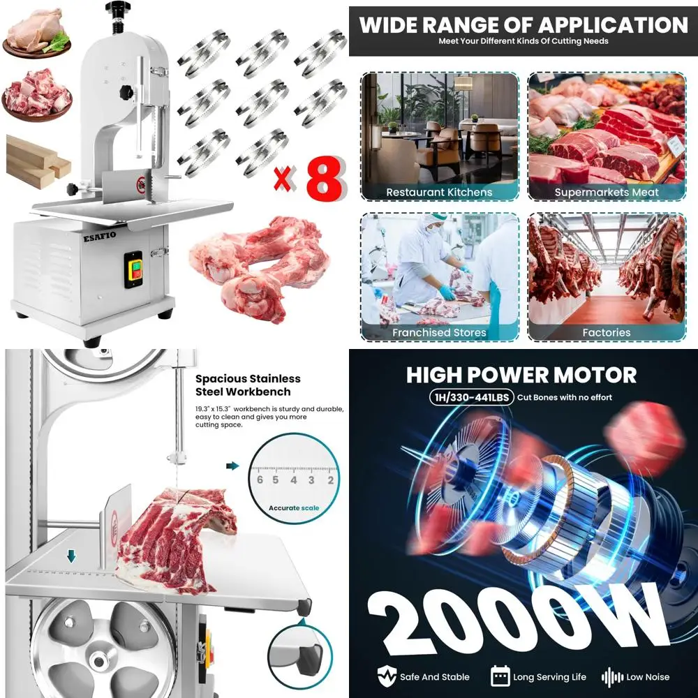 Serra de fita comercial de carne vertical de aço inoxidável com eficiência energética de 2.000 W com 8 lâminas extras para corte de osso
