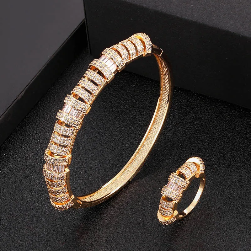 

Zlxgirl 2pc women size bangle and ring Bridal Jewelry For Women Wedding Zirconia aretes de mujer modernos couple free bags box