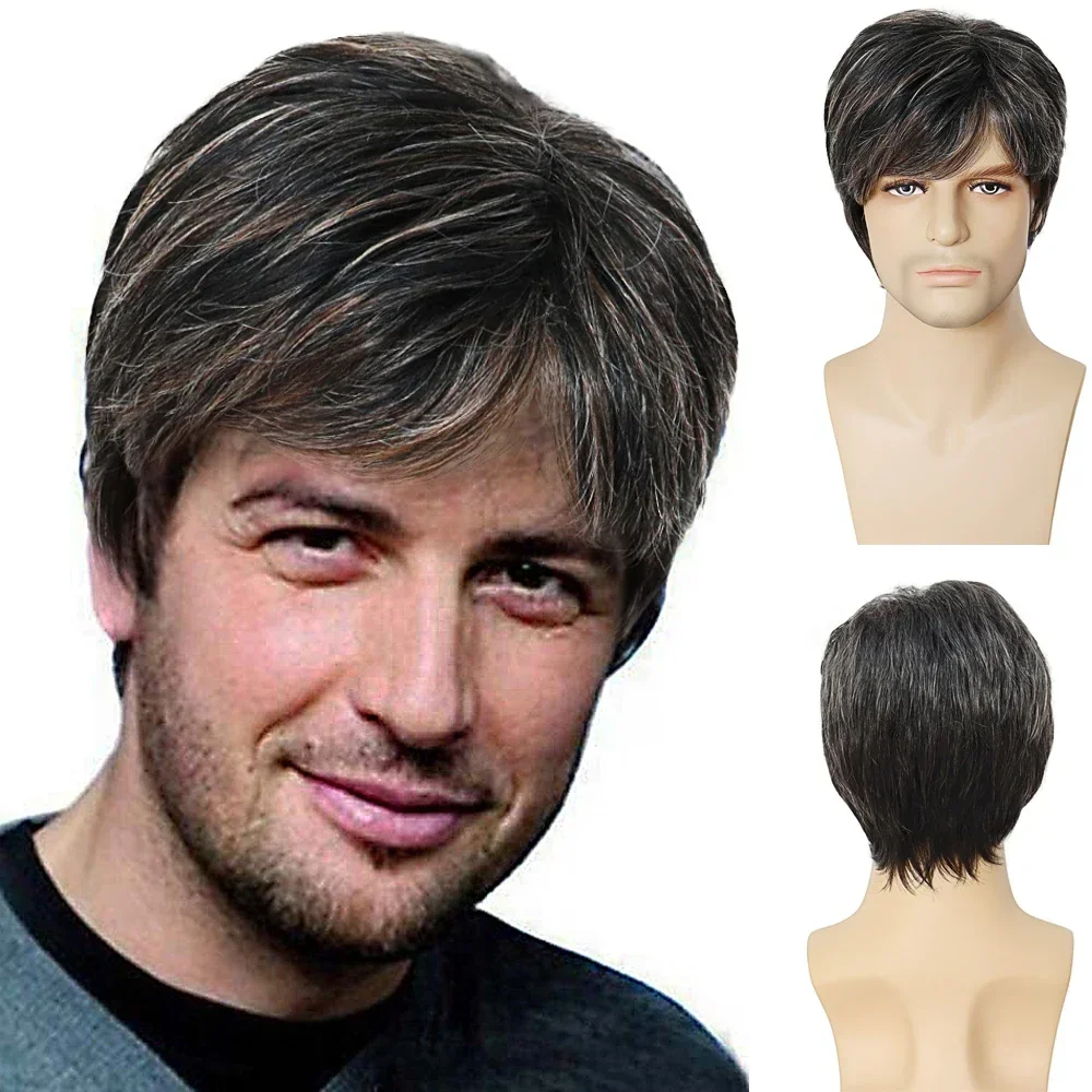 Synthetic Man Wigs Short Black Mix Grey Hair Short Curly Wig for Male Father Gift Wig Natural Heat Resistant Cosplay Party Wigs