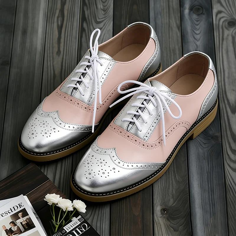 

Women's Genuine Natural Leather Oxfords Brogues Elegant Designer Shoes Woman Luxury Comfortable Casual Footwear Loafers